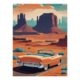 Poster Vintage Orange Convertible Desert Road Trip Art