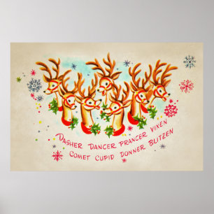 Poster vintage Père Noël Reindeer