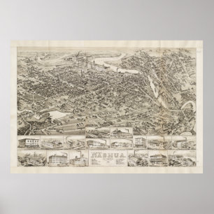 Poster Vintage Pictorial Map of Nashua NH (1883)