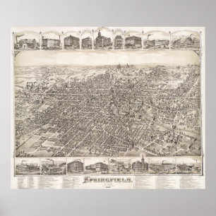 Poster Vintage Pictorial Map of Springfield Ohio (1884)