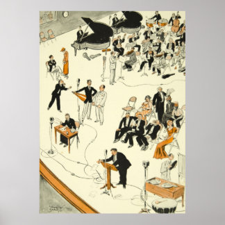 Poster Vintage programme de radio de dessin musiciens amu