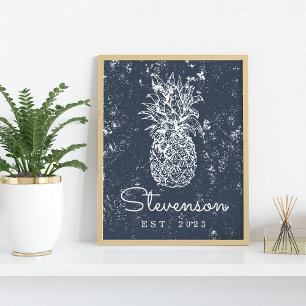 Poster Vintage Retro Beach Ananas Nom de famille