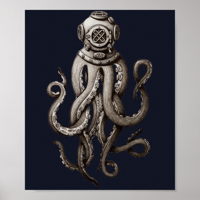 Poster Vintage Retro Plongée Octopus Graphisme (Devant)