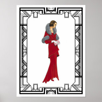 Poster Vintage rouge fourrure Retro Illustration de mode