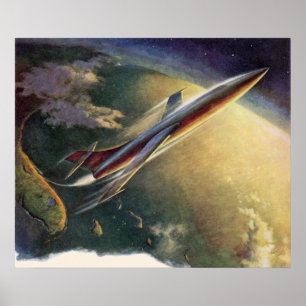 Poster Vintage Science Fiction Spaceship Airplane Earth