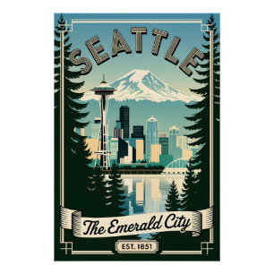 Poster Vintage Seattle Washington Emerald City Rétro