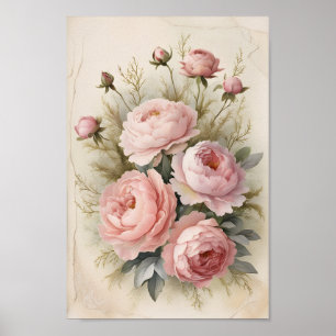 Poster Vintage Shabby Chic Roses & Peonies Wall Art
