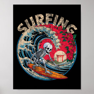 Poster Vintage Surf Squelette Surfeur Surf Jour Des Morts