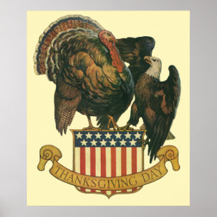 Poster Vintage Thanksgiving Turkey, Eagle, American Flag