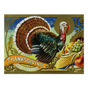 Poster Vintage Thanksgiving Turquie et automne Harvest