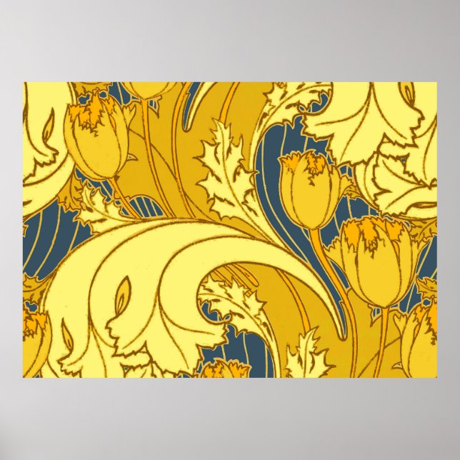 Poster Vintage Tulip Blue Gold Motif (Devant)