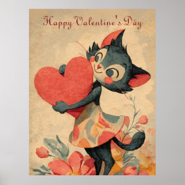 Poster Vintage Valentine`s Day Cat With Heart