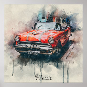 Poster Vintage vieille voiture American rouge ouvert