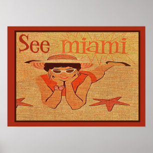 Poster Vintage Voir Miami Sunbathing Girl Retro Travel