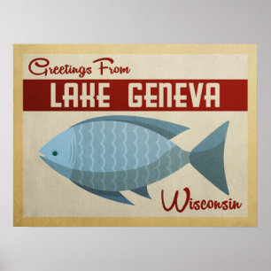 Poster Vintage voyage bleu de poissons du Lac Léman le
