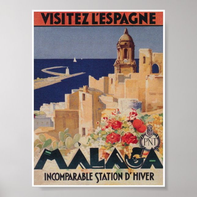 Poster Vintage voyage de Malaga Espagne (Devant)