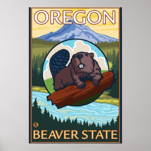 Poster Vintage voyage de scène Beaver et Mount Hood