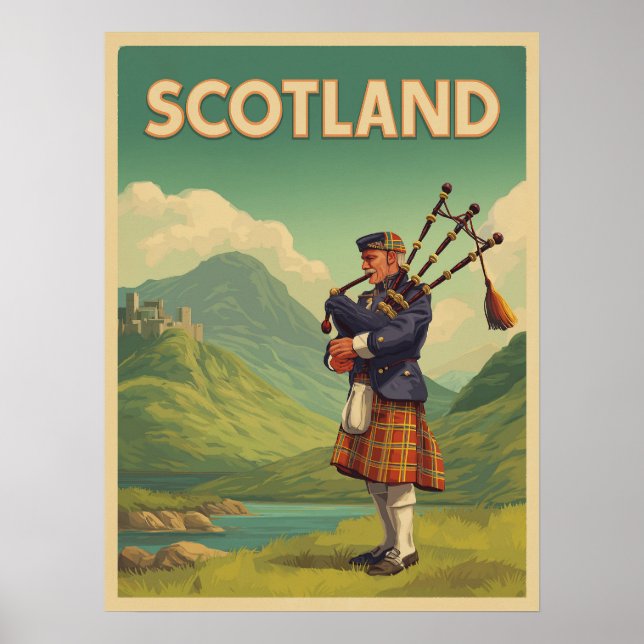 Poster Vintage voyage écossais - Highland Bagpiper (Devant)