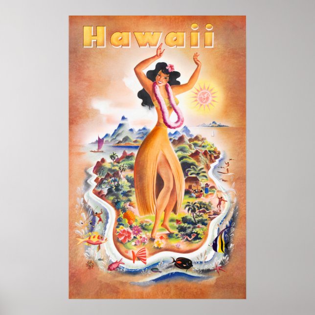 Poster Vintage voyage Hawaii (Devant)