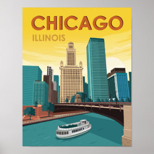 Poster Vintage voyage Skyline de Chicago River