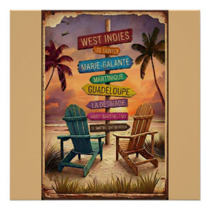 Poster Vintage West Indies Beach Sign / Panneau Antilles