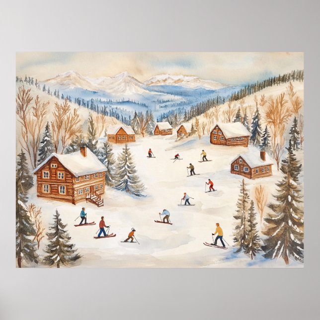 Poster Vintage Winter Skiers Scene (Devant)