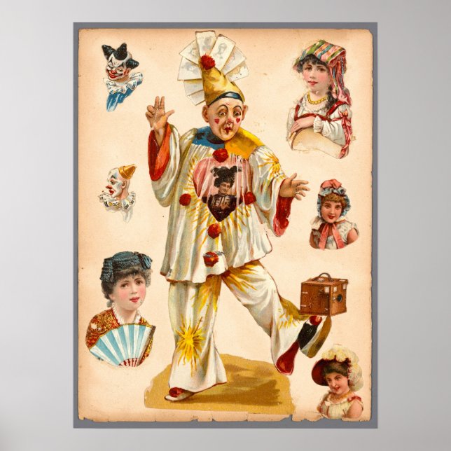 Poster Vintage Women & Circus Clowns Ephemera Collage (Devant)