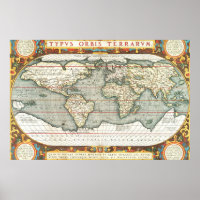 Vintage World Map by Abraham Ortelius 1587-1595