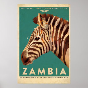 Poster Vintage Zambia Zebra Travel