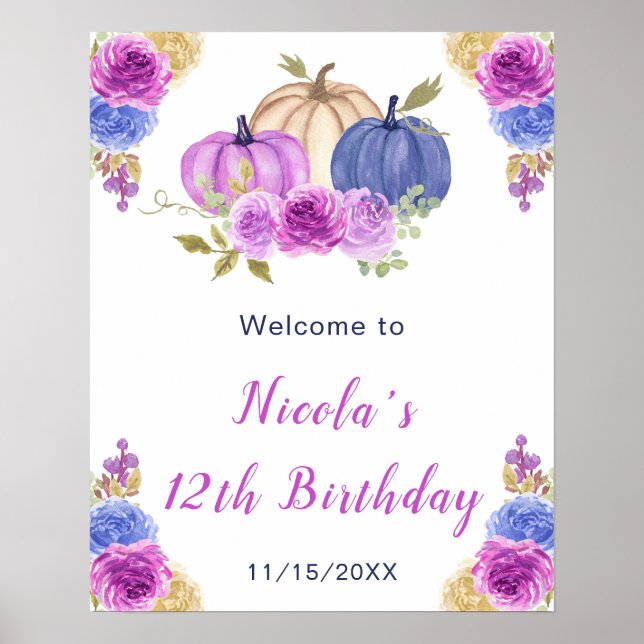 Poster Violet et bleu marine Floral Citrouilles Anniversa (Devant)