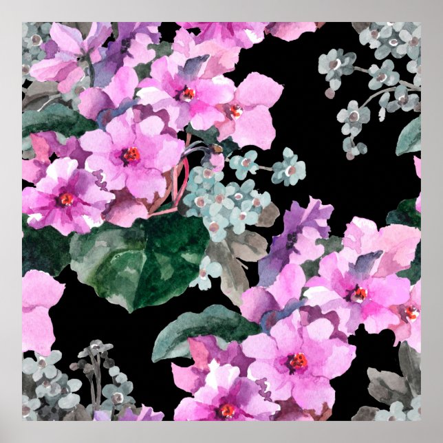 Poster Violet fleurs et oublier moi pas aquarelle sur bla (Devant)