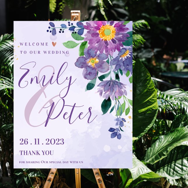 Poster Violet Floral Romantique Accueil À Notre Mariage (Créateur téléchargé)