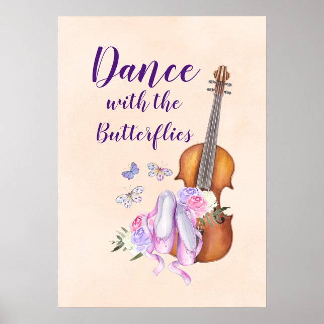 Poster Violon, Chaussures de Ballet, Fleurs et Papillons (Devant)
