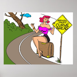 Poster Virage devant, jolie femme faisant de l'auto-stop,