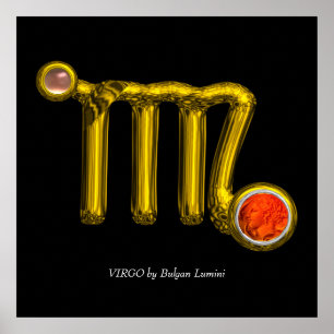 Poster VIRGO /ORANGE AGATE ,GOLD ZODIAC SIGN JEWEL,Black