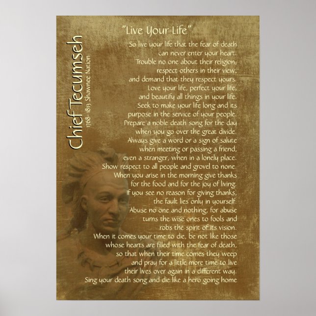 Poster "Vis ta vie" sur un vieux parchemin, chef Tecumseh (Devant)