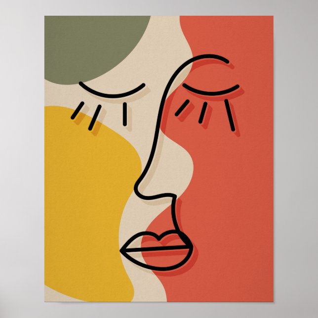 Poster Visage Abstrait Boho Vert Rouge Beige Jaune Mur Ar (Devant)