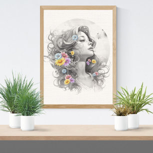 Poster Visage de Femme Avec Effet Texturé de Fleurs