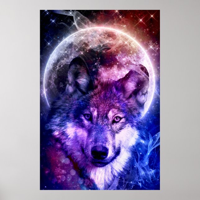 Poster Visage de loup de Galaxie mystique avec Pleine lun (Devant)