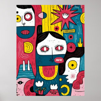 Poster Visages Pop Art Abstrait - Expression Doodle moder