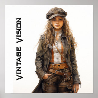 Poster Vision vintage Steampunk Jeune Femme Rétro