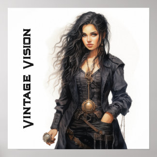 Poster Vision vintage Steampunk Jeune Femme Rétro
