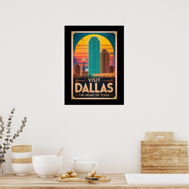 Poster Visitez Dallas - Voyage en Skyline Retro (Cuisine)