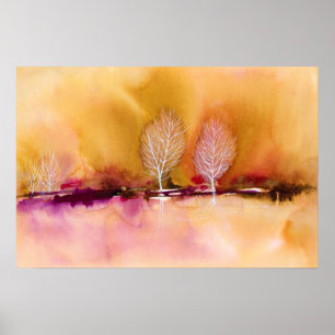 Poster Vivid Magenta Paysage Abstrait Brown avec arbres