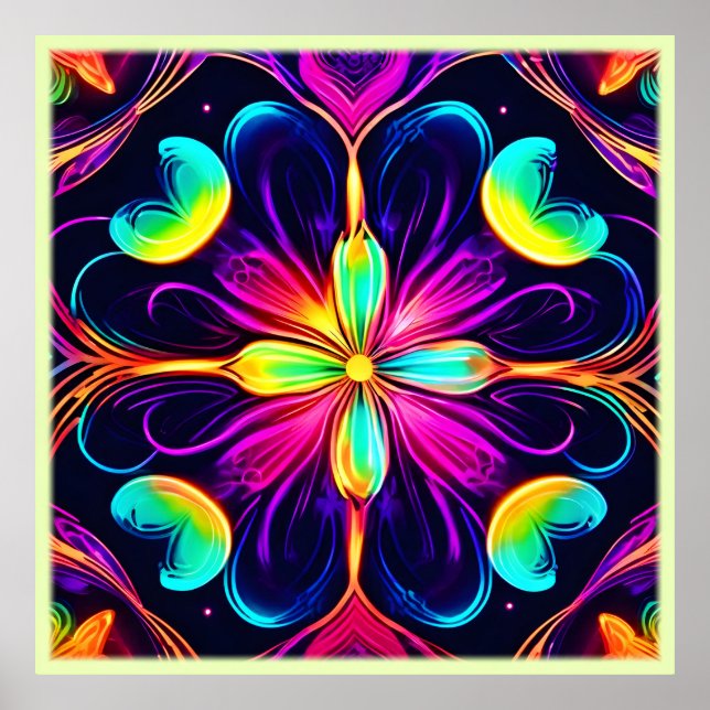Poster Vivid Neon Floral Mandala Art (Devant)