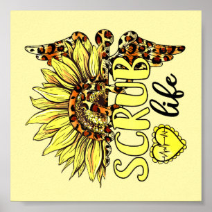 Poster Vivre La Vie Scrub Infirmière Tournesol Léopard Nu