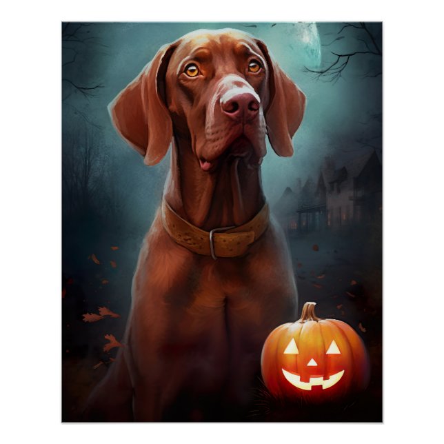 Poster Vizsla d'Halloween avec la peur Citrouille (Devant)