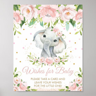 Poster Voeux d'éléphant rose floral adorable pour bébé