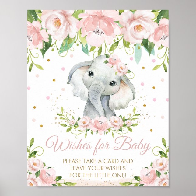 Poster Voeux d'éléphant rose floral adorable pour bébé (Devant)