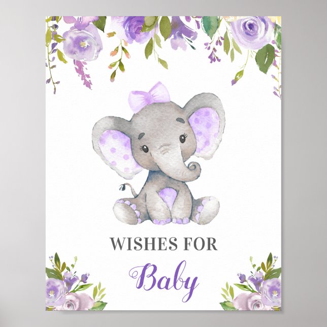 Poster Voeux pour bébé fille pourpre Lilac Eléphant Douch (Devant)